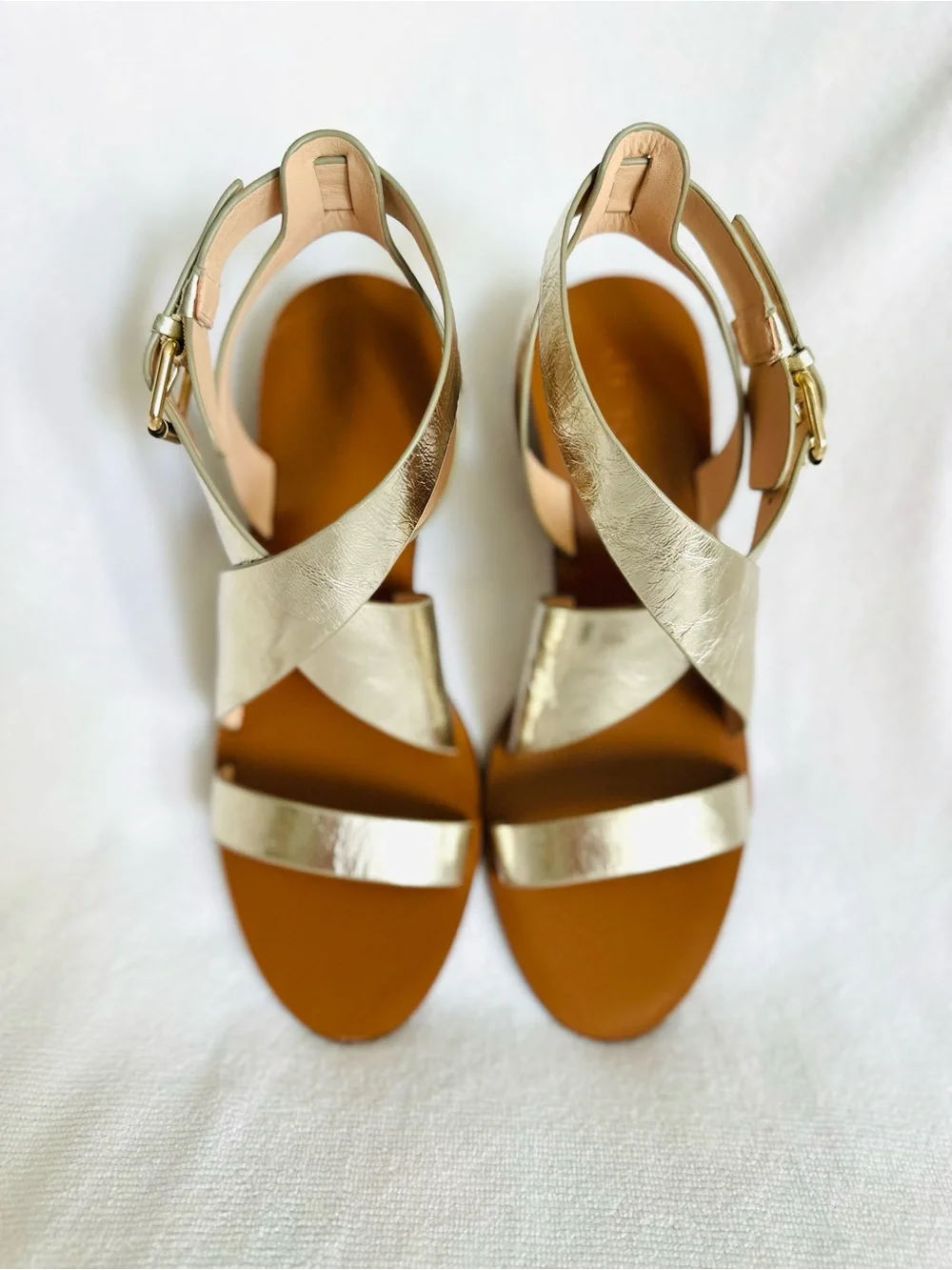 J. Crew Metallic Gold Crisscross Block Heel Sandals Strappy Leather Size 7.5